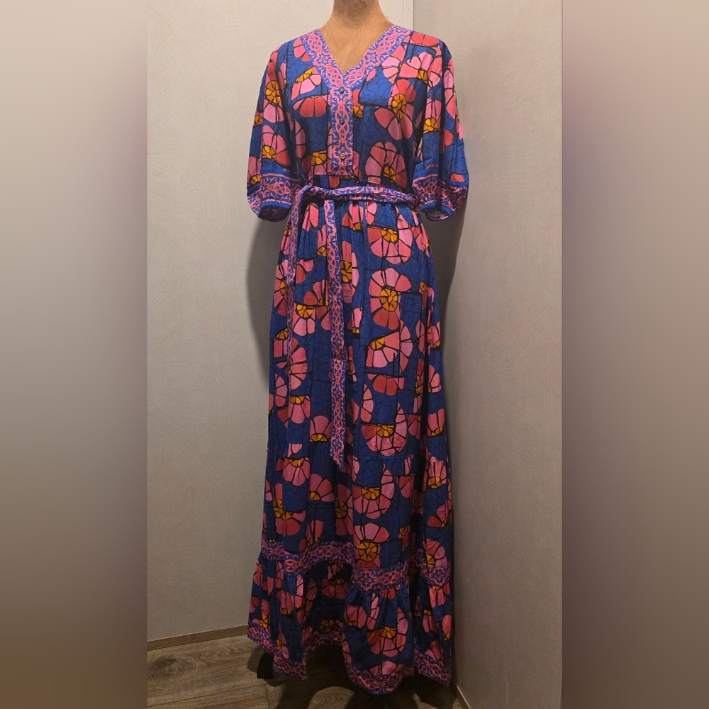 CELINA MOON Vibrant Blue and Pink Floral Maxi Dress